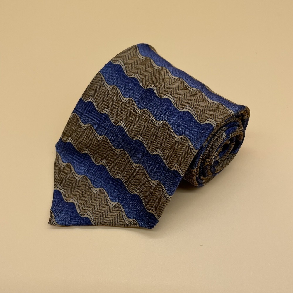 Vtg‎ BRANDINI MEN'S TIE Gold And  Blue  100% SILK Made In USA